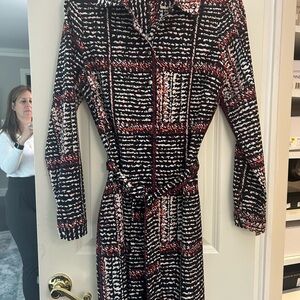 White House Black Market Black and White Long Sleeve Notched Collar Dress